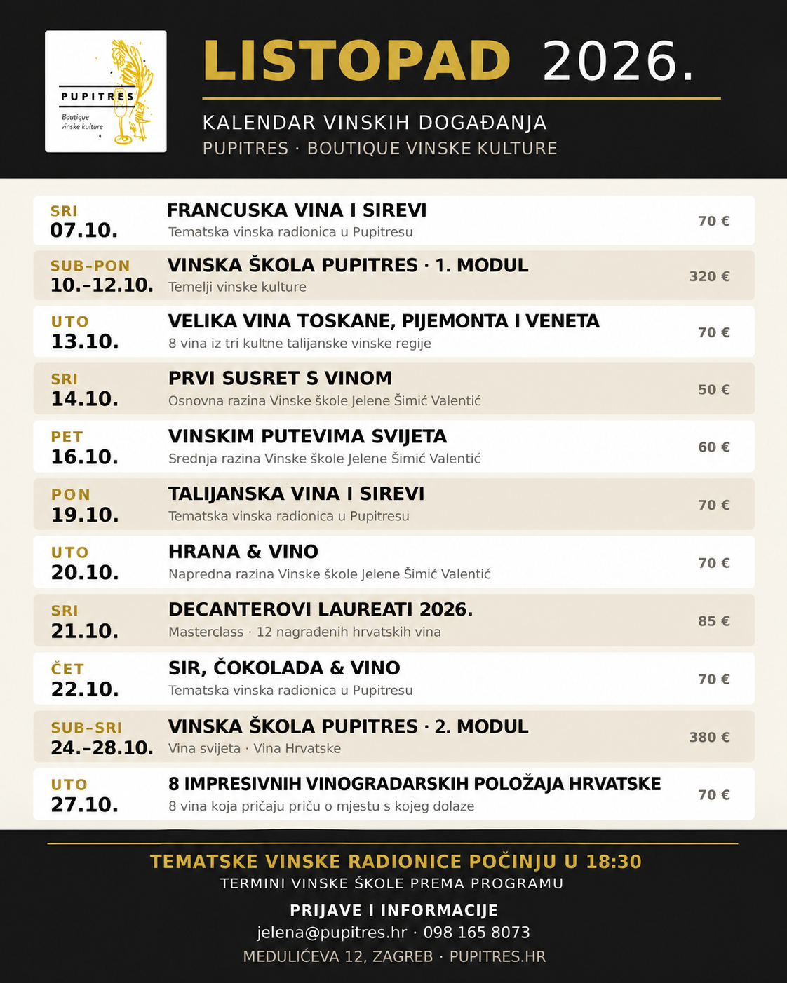 Kalendar vinskih događanja u Pupitresu listopad 2026.